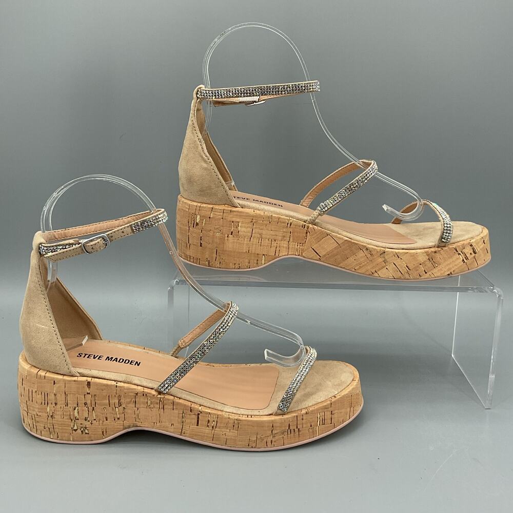 NEW Steve Madden Girls Varia Rhinestone Wedge Sandals Beige Size 4